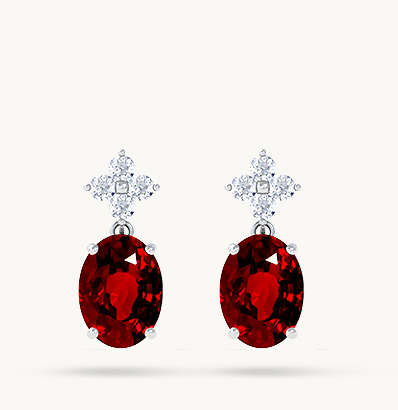 Oval Cut Untreated Ruby Mini-Dangle Earrings with Floral Clustered Round Diamonds 