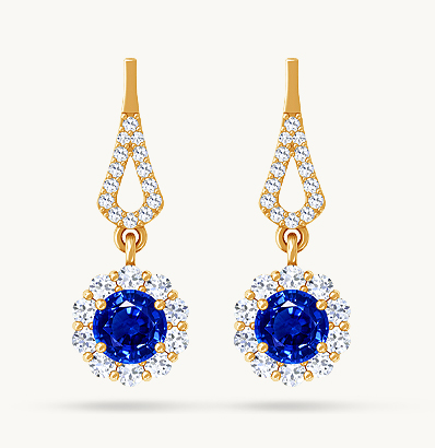 Vintage-Inspired Round Untreated Blue Sapphire Drop Earrings with Diamond Halo