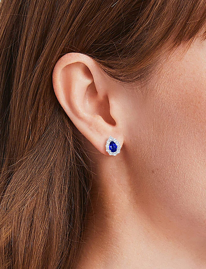 Pear Untreated Blue Sapphire Diamond Halo Earrings