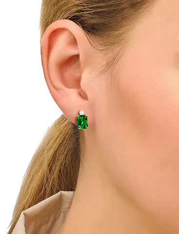 Emerald Cut Emerald Earrings With Single Round Diamond Accent