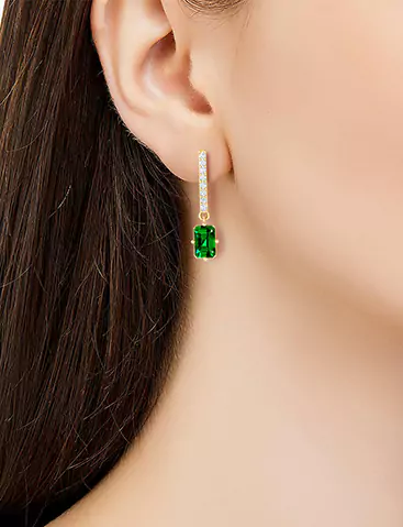Emerald Cut Emerald Linear Drop Earrings With Round Diamond Accents