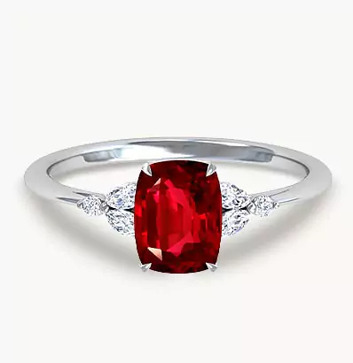 Petite Rectangle Cushion Ruby Ring with Round and Marquise Side Diamonds