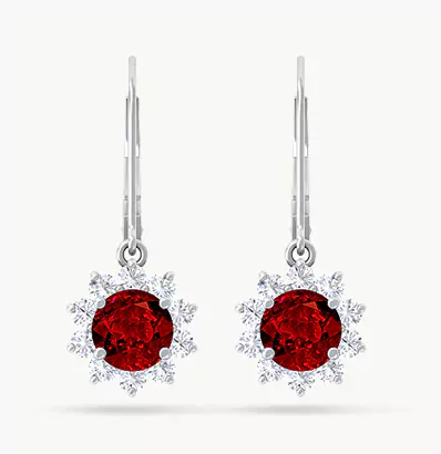 Round Ruby Leverback Dangle Earrings With Starburst Diamond Halo