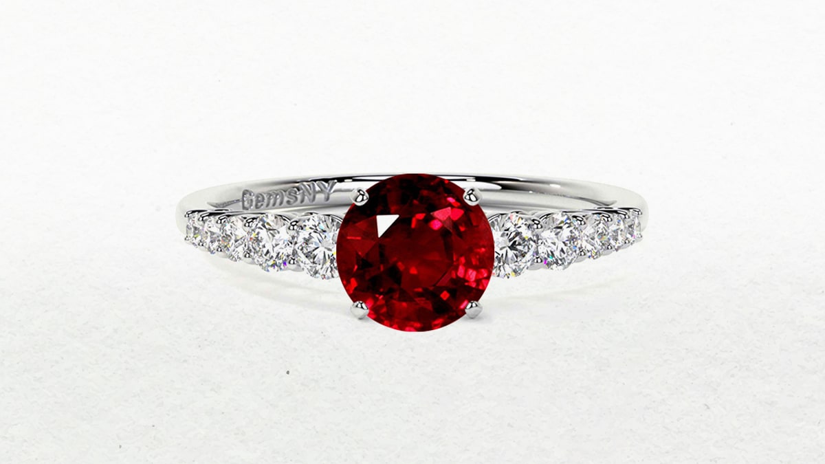 6.0mm Lab-Created Ruby and White Sapphire with 1/8 CT. T.W. Diamond Three  Stone Bridal Set in 10K White Gold | Zales
