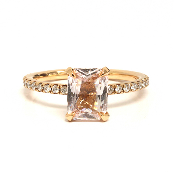 Rare Untreated Emerald Cut Peach Sapphire Prong Set Ring With Round  Diamonds