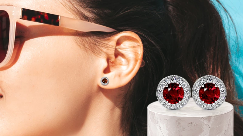 Round Garnet Studs With Diamond Halo