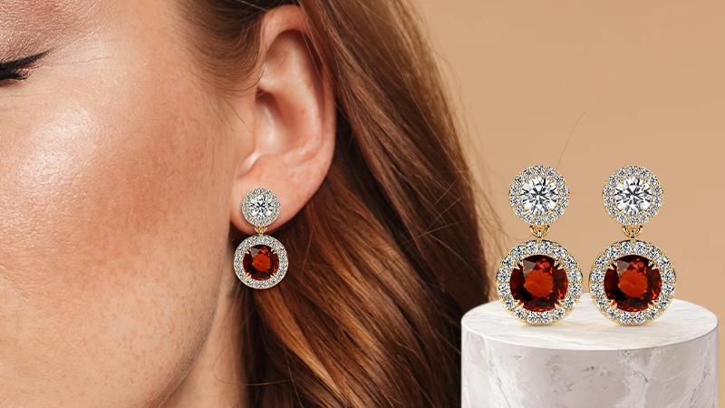 Hessonite Drop Earrings with a Diamond Halo