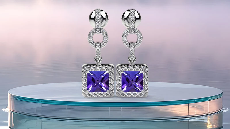 square-shaped tanzanite drop earrings