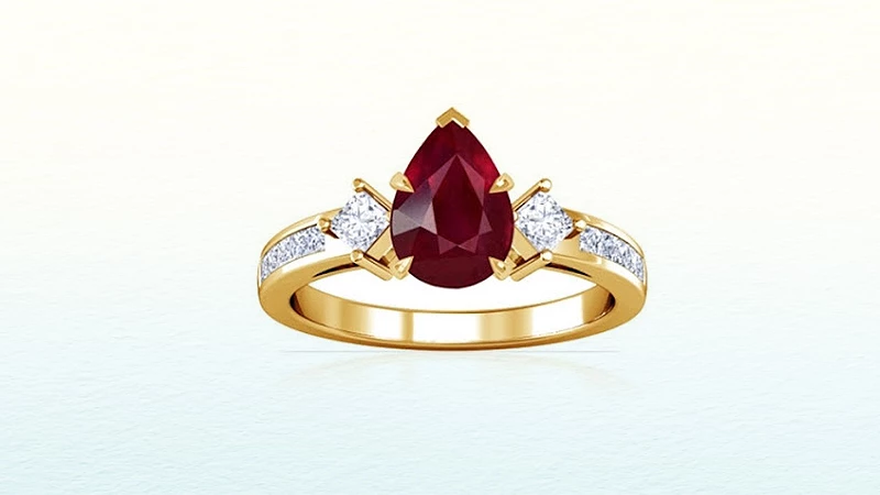 Pear-Cut Ruby and Diamond Three-Stone Ring