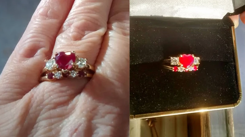 Heart-Shaped Ruby and Diamond Three-Stone Ring