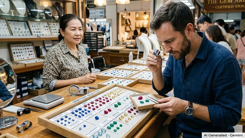 man choosing from different sizes and cuts of gemstones