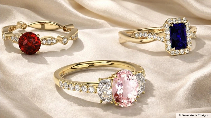Different designs of colored gemstone engagement and wedding rings