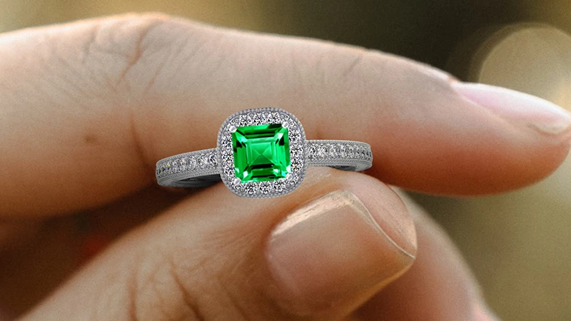 antique square cut emerald halo ring
