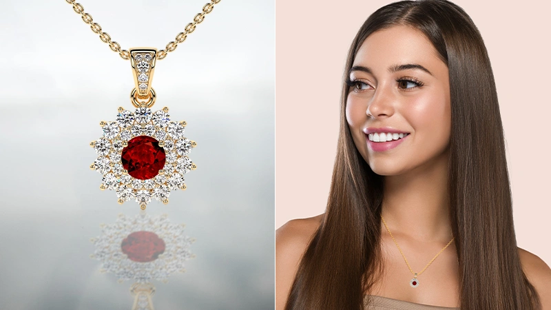 Lab Grown Ruby Round Starburst Halo Pendant