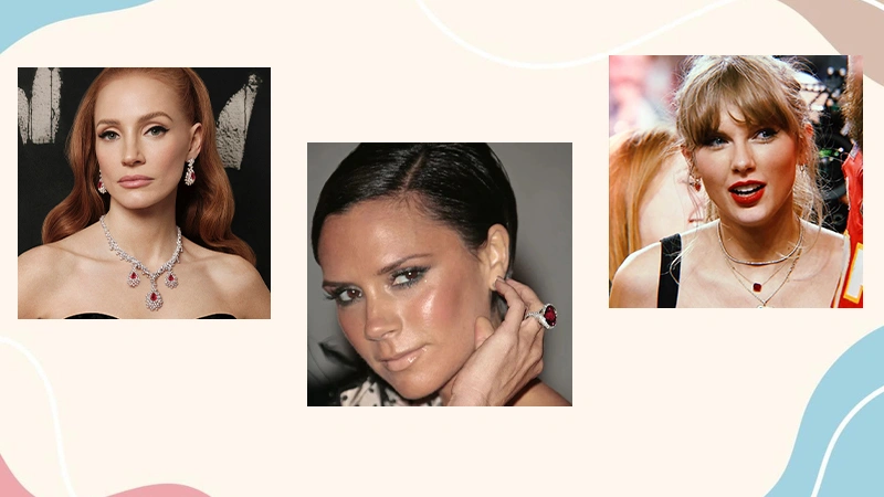 Jessica Chastian, Victoria Beckham, Taylore Swift wearing ruby jewelry