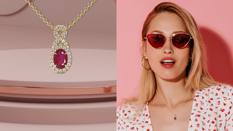 Ruby Oval Cut Twist Halo Necklace