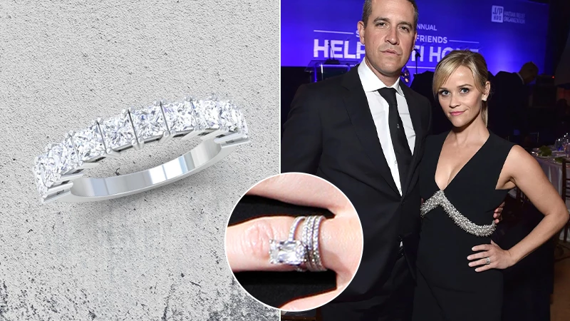 Square Diamond Four Prong Wedding Band and Reese Witherspoon wearing her engagement ring