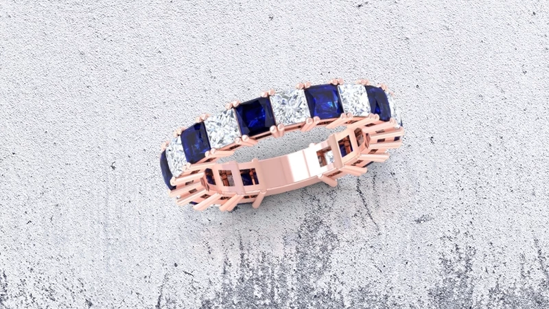 Square Blue Sapphire and Diamond Four Prong Wedding Ring