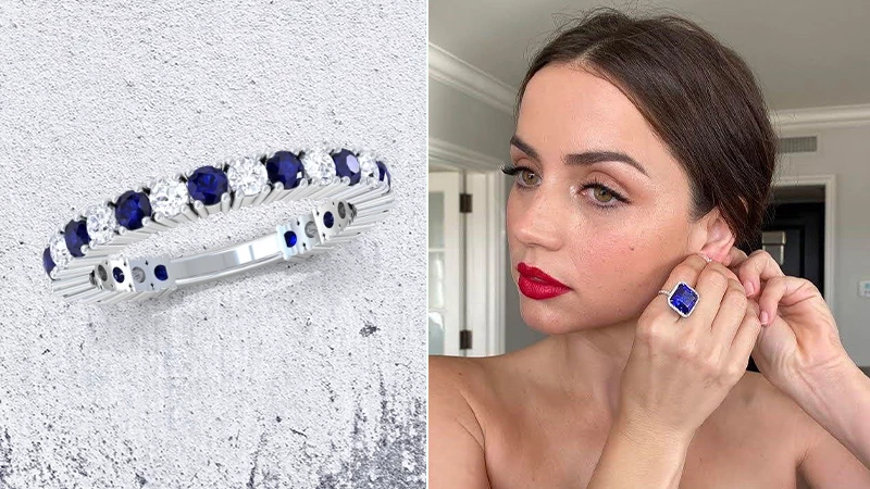 Three Fourth Eternity Blue Sapphire and Diamond Wedding Ring & Ana de Armas sapphire ring