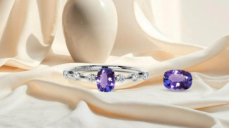 Cushion shaped tanzanite dainty engagement ring