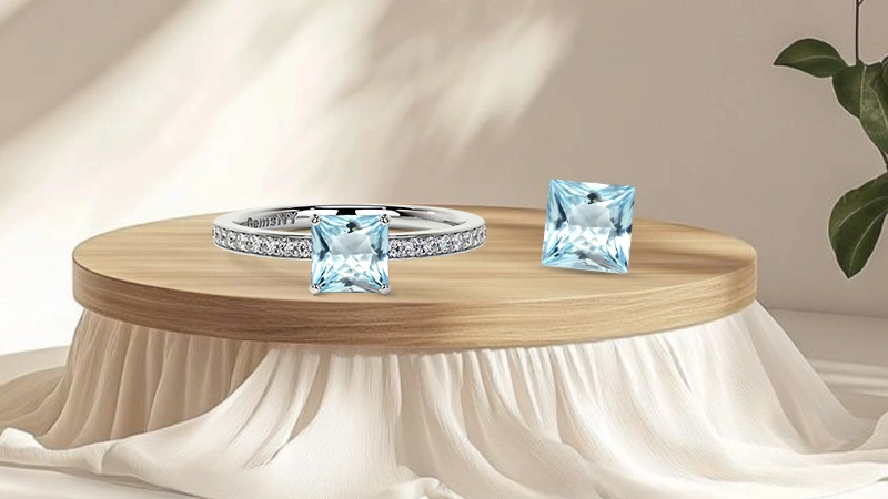 Princess cut pave aquamarine ring