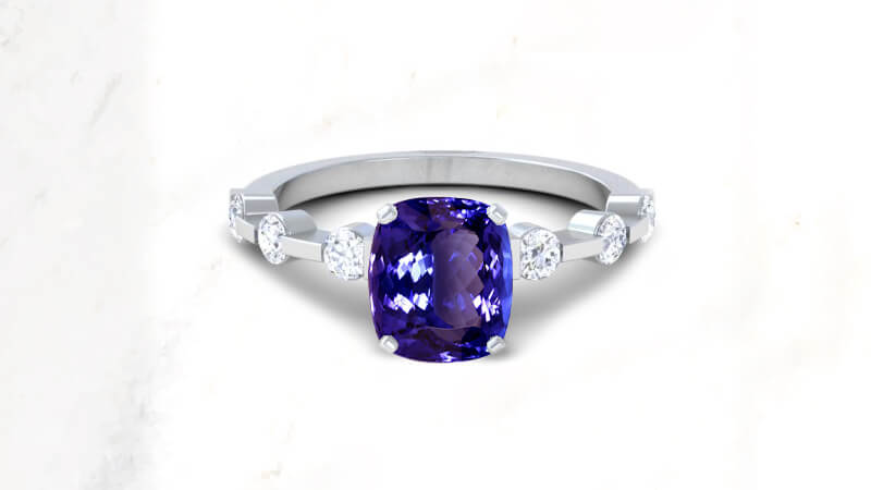 Cushion shaped tanzanite dainty engagement ring