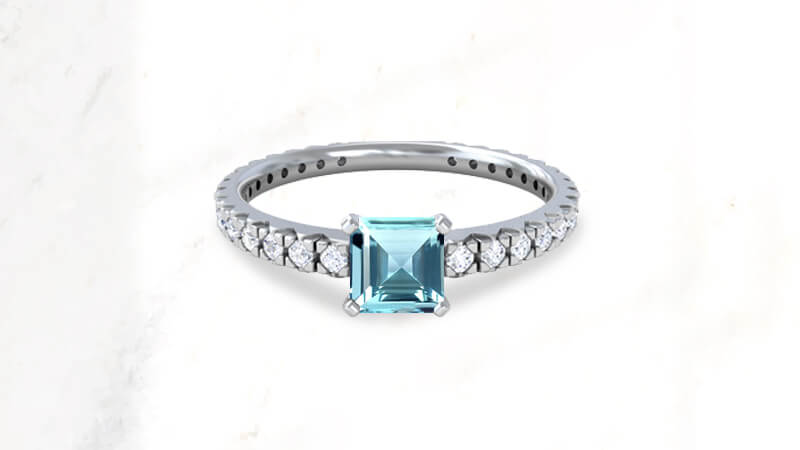 Princess cut pave aquamarine ring