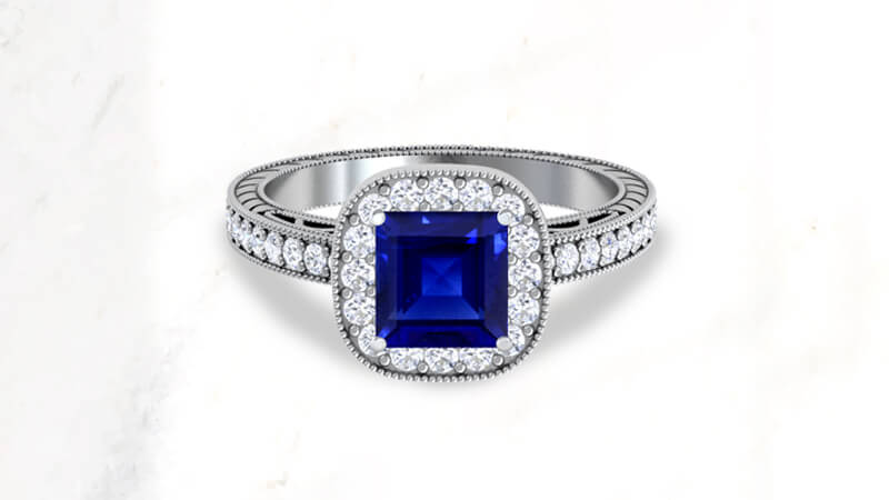 Square shaped sapphire ring in white gold