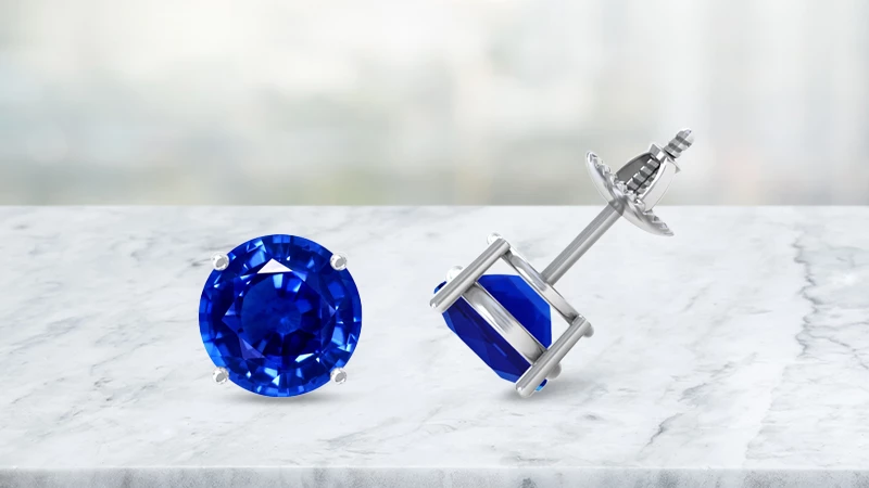 Four Prong Round Shape Blue Sapphire Stud Earrings