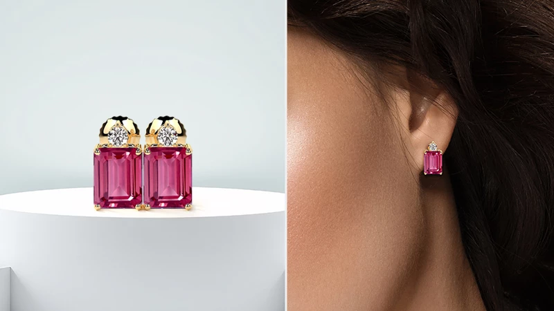 Emerald-Shaped Pink Tourmaline Earrings