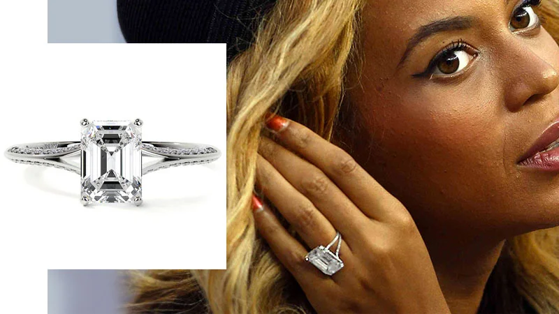 image of Beyonce’s engagement ring and a emerald cut diamond engagement ring