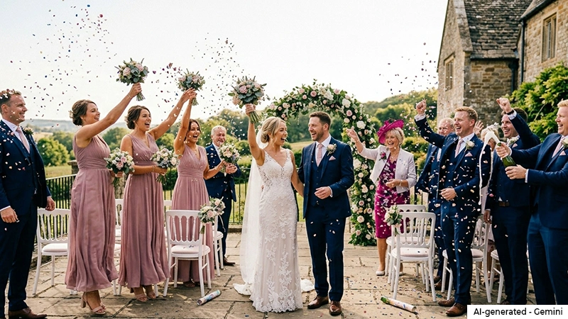bride and groom with their friends