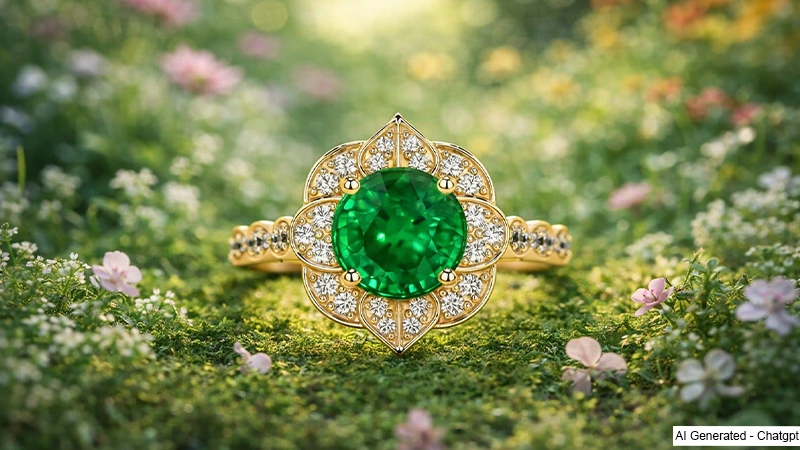 Floral Emerald Halo in Yellow Gold