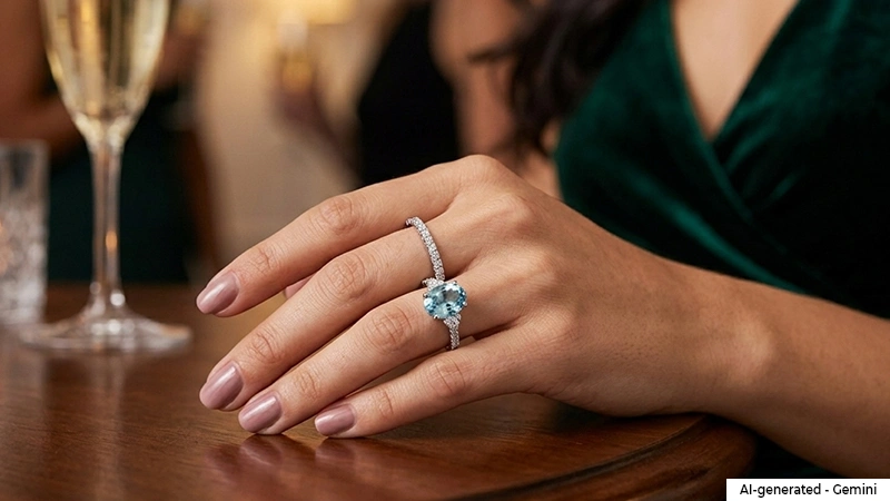 woman show aquamarines ring