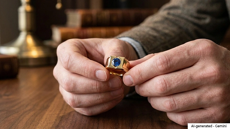 man holding a sapphire men ring