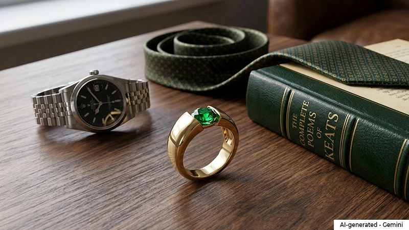 men’s gemstone placed on table along side a watch, tie and book
