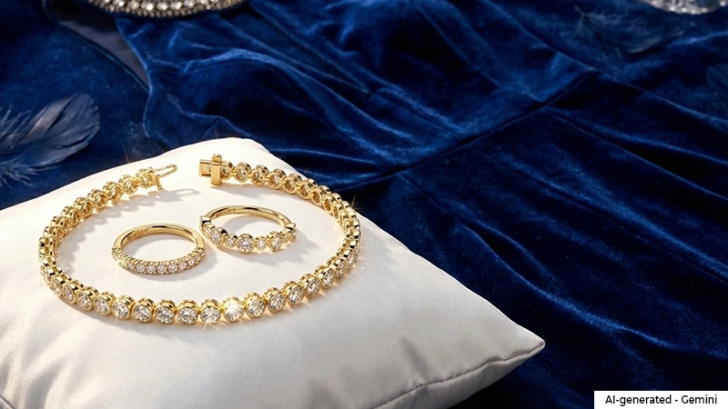 diamond bracelet and yellow gold bands