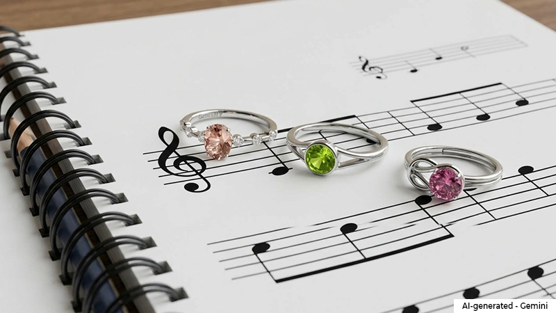 gemstone rings on a musical notebook