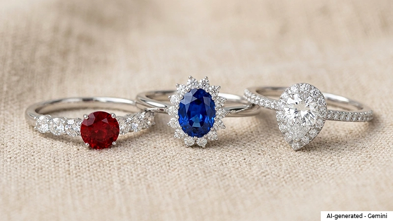gemstone rings shown on a beige colored cloth