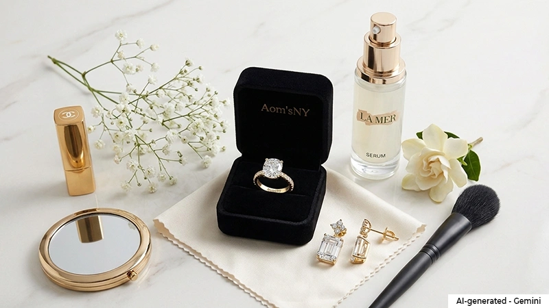 diamond ring and diamond drop earrings with makeup products around it