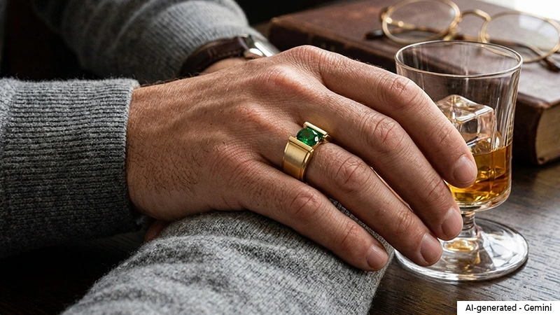 man wearing emerald gemstone ring