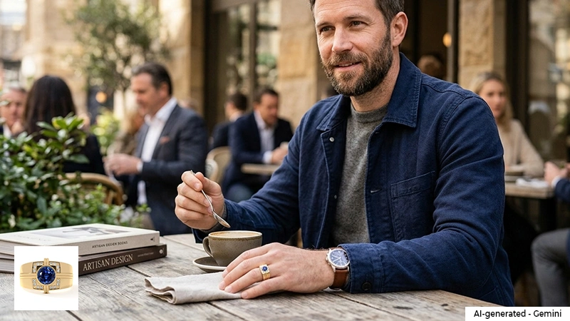 man wearing sapphire gemstone ring