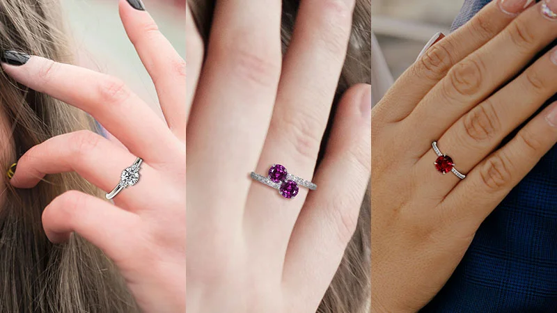 three-stone diamond ring, a two-stone pink sapphire ring