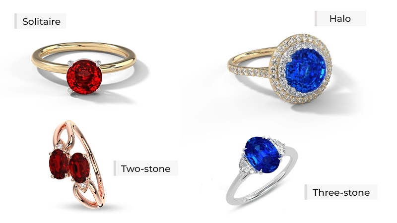 ring styles like solitaire, halo, three-stone, two-stone, vintage