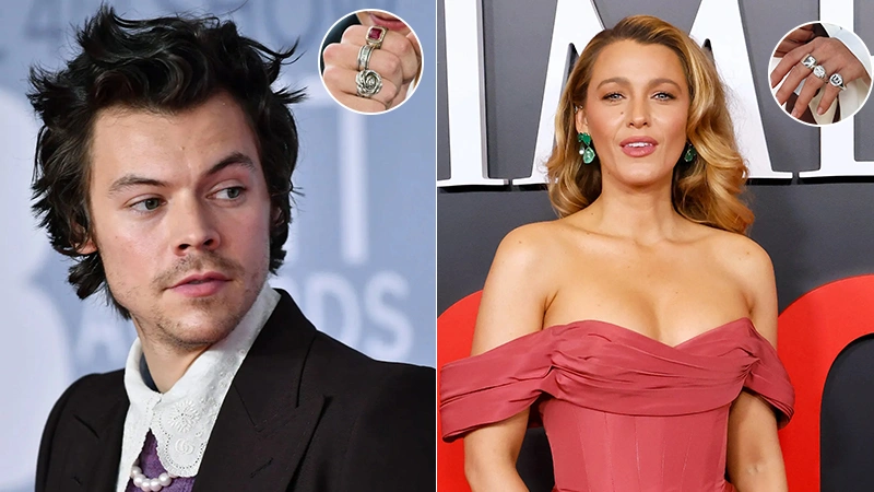 Harry Styles and Blake Lively wearing their signet rings