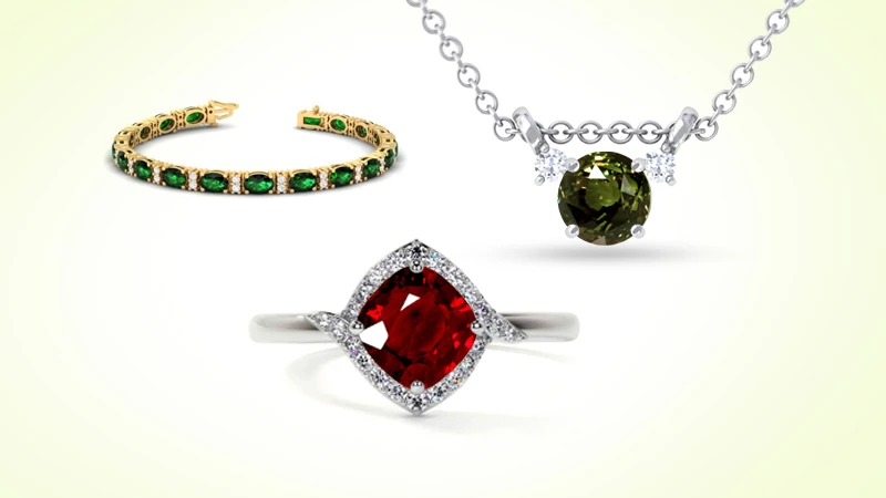 emerald bracelet, ruby ring and alexandrite pendant