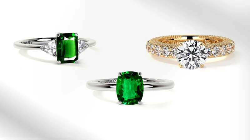 tsavorite garnet ring in solitaires, three stone, diamond and garnet ring