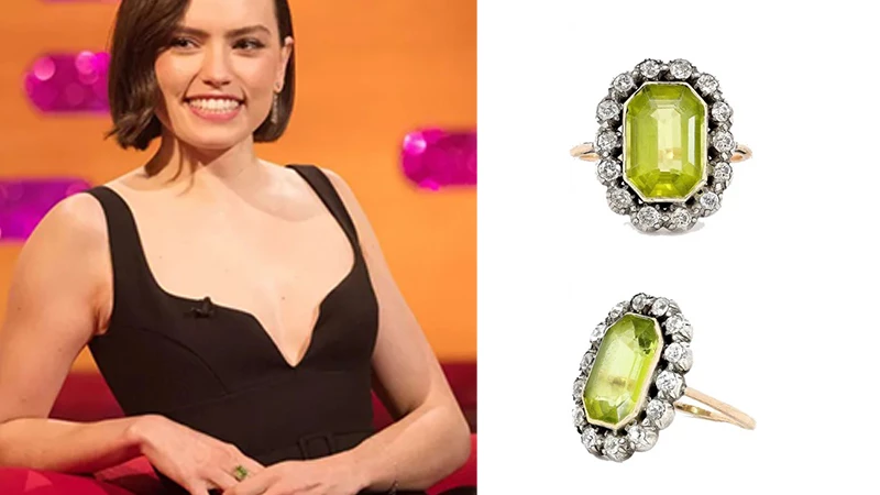 celebrity Daisy Ridley wearing peridot ring