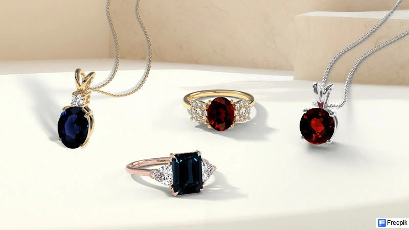 August birthstone jewelry red and blue spinel rings and pendants