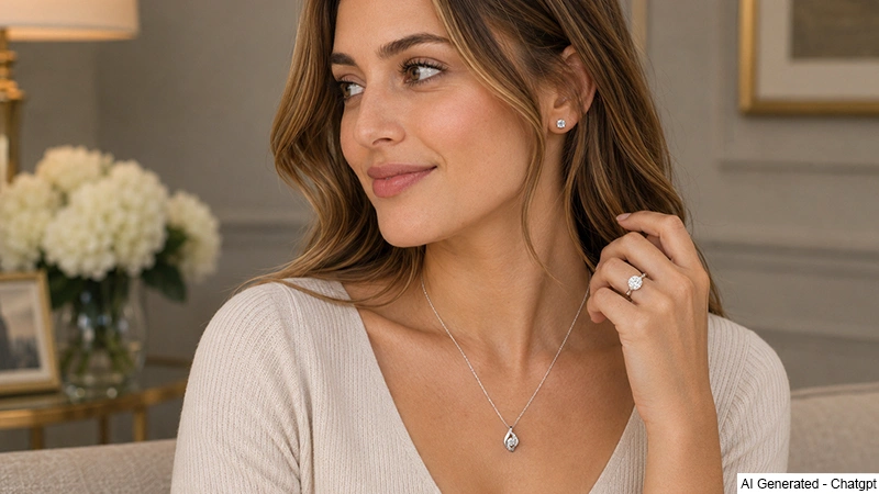 models wearing diamond necklaces, diamond earrings and more